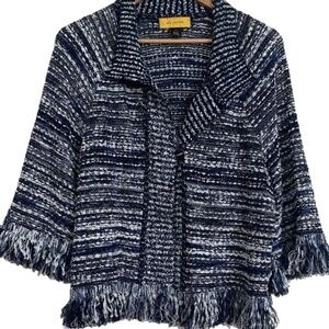 St. John Fringe Trimmed Knit Jacket in Blues and White size L